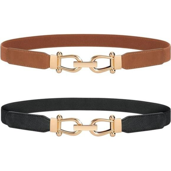 Stretch Skinny Waist Belt Gold Buckle Elastic Dress Belt for Women Outfits - Picture 1 of 7